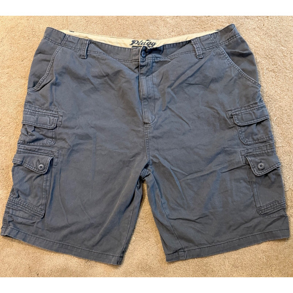 Lot of 2 Plugg Cargo Shorts Mens 48 Beige Blue Cotton Flat Front Zip Fly Casual - Picture 2 of 8